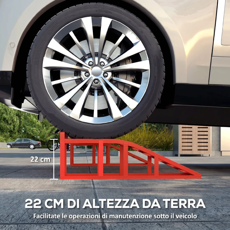 HOMCOM Set di 2 Rampe per Auto in Acciaio, Antiscivolo, per Manutenzione e Riparazione Veicoli, Ideali per Garage, Casa, Officina, Rosso