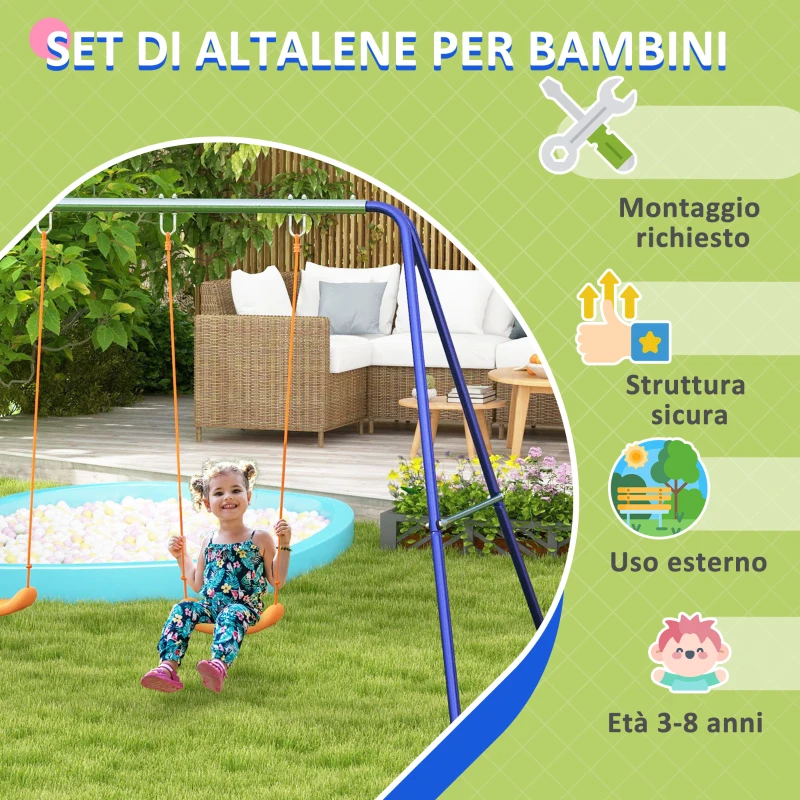 Outsunny Altalena per Bambini 3-8 Anni con 2 Seggiolini e 4 Picchetti, in Metallo e PP, 269x160x180 cm