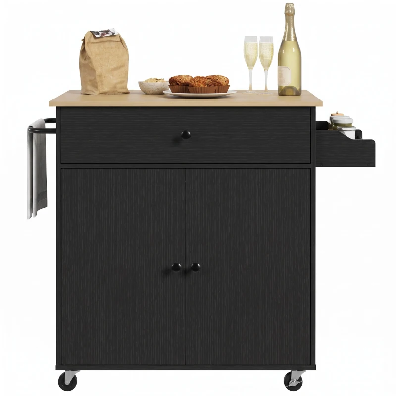 HOMCOM Kitchen Island with Drop Leaf, Rolling Kitchen Storage Trolley on Wheels with Drawer, Spice Rack and Towel Rack, Black