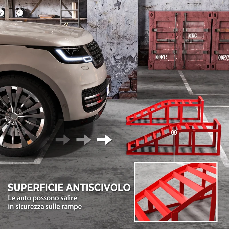 HOMCOM Set di 2 Rampe per Auto in Acciaio, Antiscivolo, per Manutenzione e Riparazione Veicoli, Ideali per Garage, Casa, Officina, Rosso