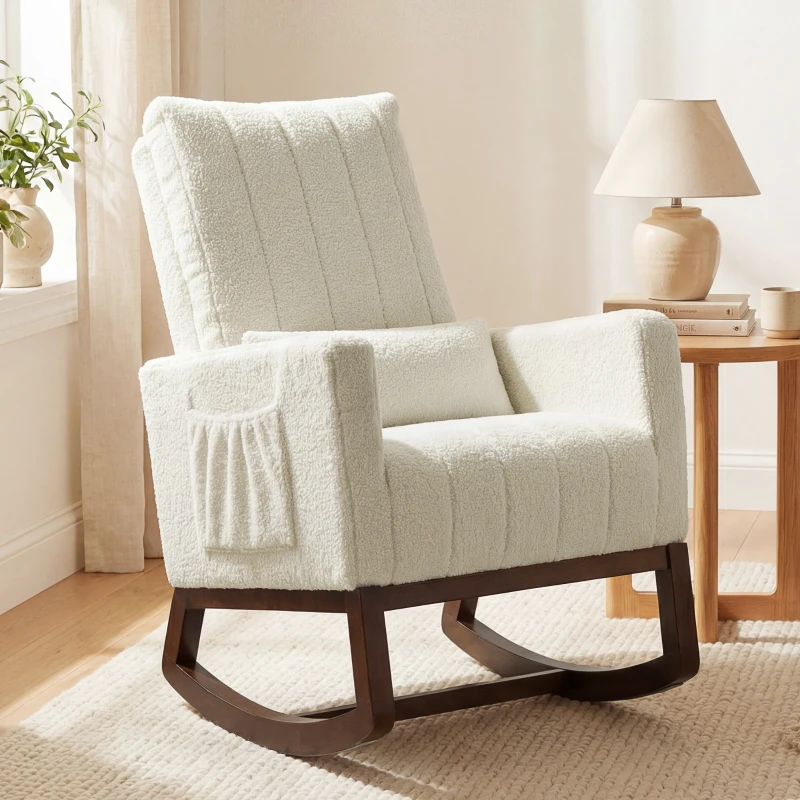 HOMCOM Fauteuil à bascule, rocking chair en flanelle neige rembourré, coussin lombaire, dossier haut, poches latérales, crème