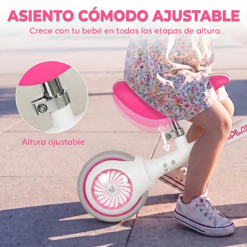 AIYAPLAY Bicicleta sin Pedales Limitado a 135° Asiento Ajustable Ruedas Traseras con Luces para Niños y Niñas de 1 a 2 Años Rosa