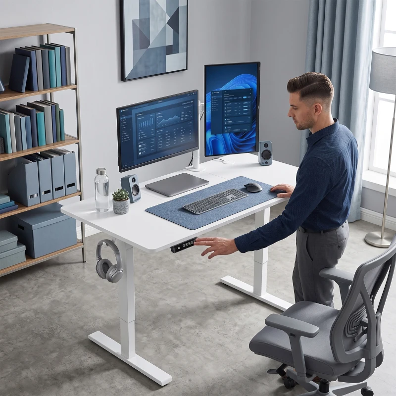 HOMCOM Standing Desk Memory Control Height Adjustable Desk 2 Cable Holes LED Display Sit Stand Desk White