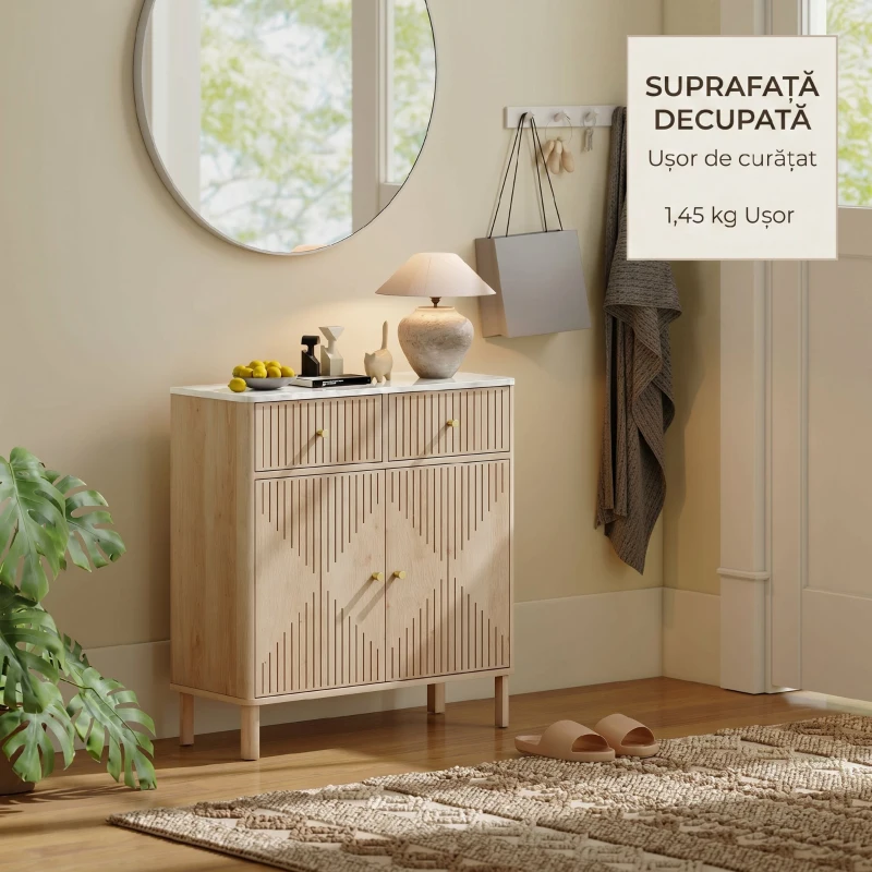 HOMCOM Bufet din Lemn cu 2 Sertare, Dulap și Blat cu Efect de Marmură, 77x30x80 cm, culoare Stejar