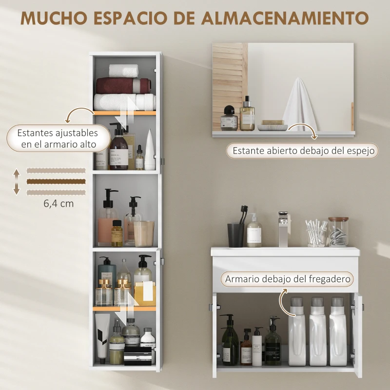 kleankin Conjunto de Muebles de Baño de Pared 4 Piezas Incluye Espejo Armario con Lavabo Cerámico y Columna de Baño Blanco