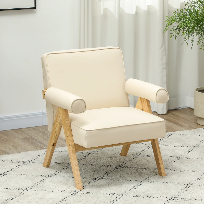 HOMCOM Sillón de Salón Tapizado en PU con Reposabrazos y Marco de Madera de Caucho para Dormitorio Carga 120 kg Crema