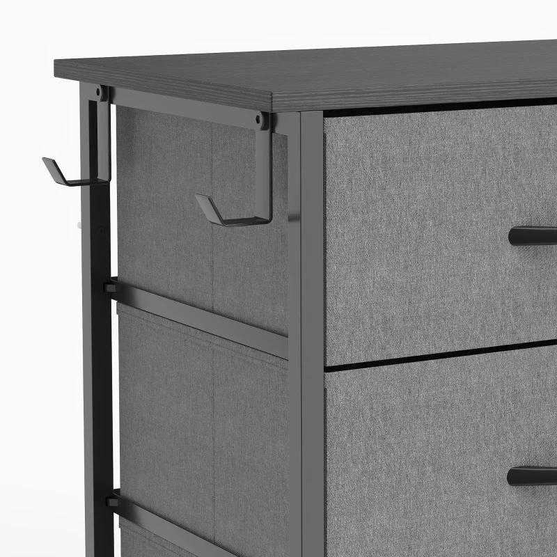 HOMCOM Chest of Drawers, Dresser with 5 Fabric Drawers, Tall Storage Unit with 4 Pockets and 2 Hooks Steel Frame, Charcoal Grey