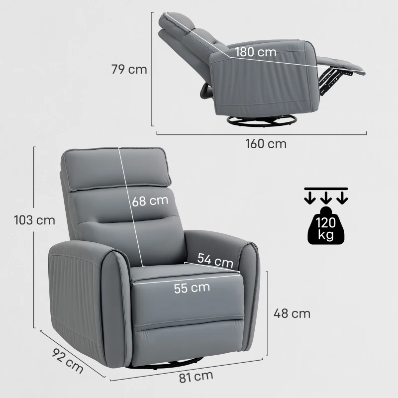 HOMCOM Fotoliu Relax Reglabil Manual cu Suport pentru Picioare, Tapițerie cu Efect de Piele și Bază Rotativă, Gri
