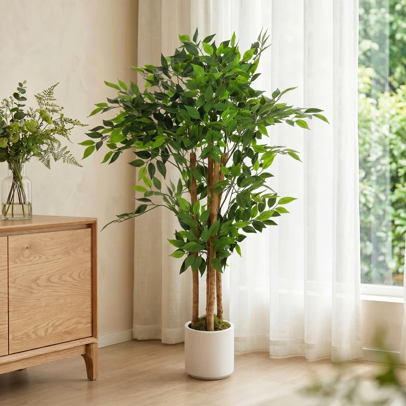 HOMCOM Pianta Artificiale di Baniano Verde in PEVA e Legno con Vaso Contenitore in PP e Cemento, 55x55x120 cm