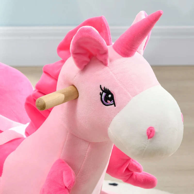 HOMCOM Cavallo a Dondolo Unicorno con 32 Canzoni, Base in Legno e Cintura di Sicurezza, Età 18-36 Mesi, Rosa