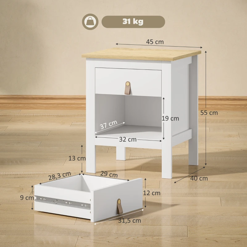 HOMCOM Mesilla de Noche con 1 Cajón Compartimento Abierto Tirador de PU Mesa Auxiliar para Salón Dormitorio 45x40x55 cm Blanco