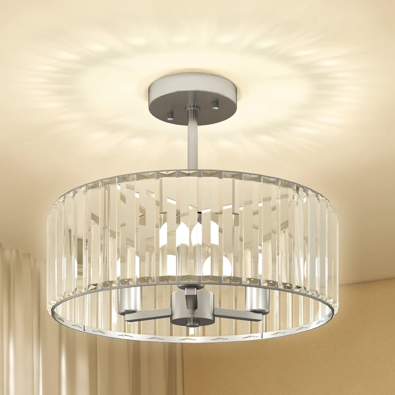 HOMCOM Crystal Ceiling Light Fixture Set of 2, Semi Flush Mount Modern Chandelier for Living Room, Bedroom and Hallway, 3-Lights with E14 Base, Silver Tone