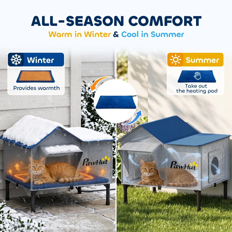 PawHut Heated Cat House Weatherproof w/ Heating Pad, Elevated Base, Escape Door, Cat Winter Shelter for Stray, Barn Cats