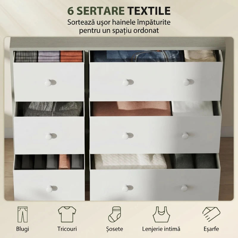 HOMCOM Comodă cu 6 sertare pliabile cu mânere duble, din lemn, oțel și material textil, 114x30x70 cm, alb și gri