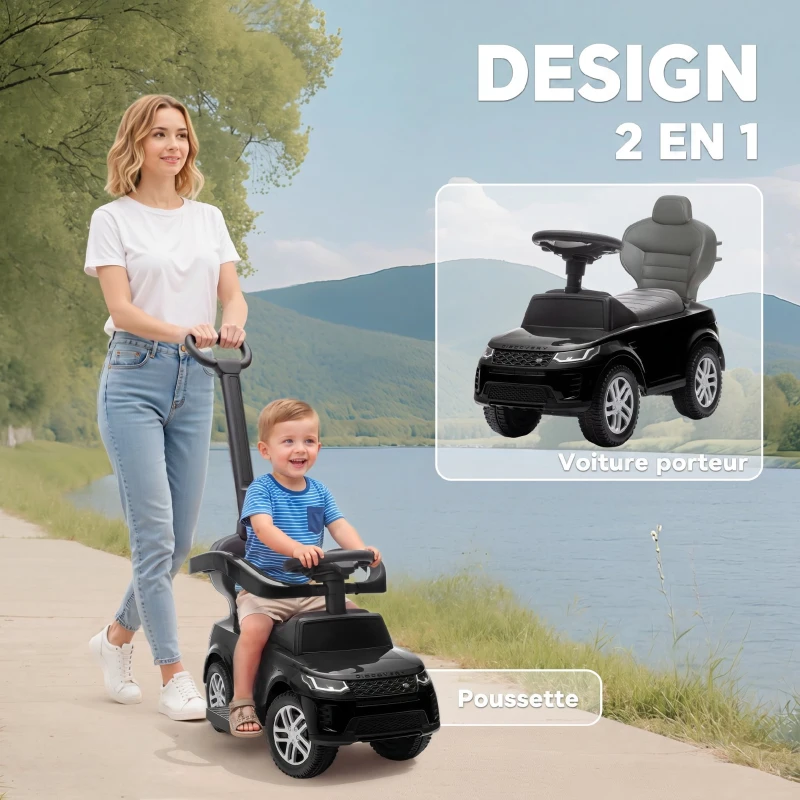 AIYAPLAY Porteur enfants Land Rover Discovery sous licence, porteur voiture à pousser avec poignée amovible, 84x40x94,5cm, noir