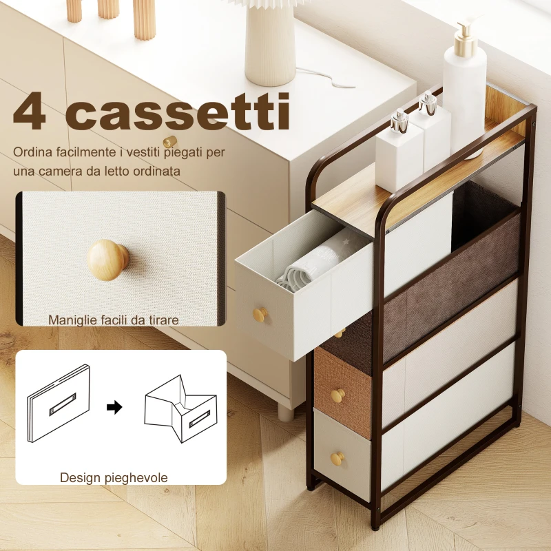 HOMCOM Cassettiera Salvaspazio con 4 Cassetti Pieghevoli in Tessuto, Acciaio e Legno, 20x47x84.5 cm, Multicolore