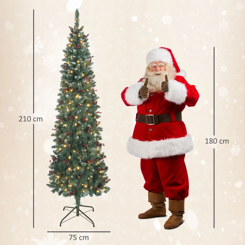 HOMCOM Albero di Natale Illuminato con 300 Luci LED, 55 Pigne e 55 Grappoli di Bacche, Ø75x210 cm, Verde e Argento