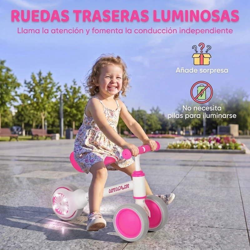 AIYAPLAY Bicicleta sin Pedales Limitado a 135° Asiento Ajustable Ruedas Traseras con Luces para Niños y Niñas de 1 a 2 Años Rosa