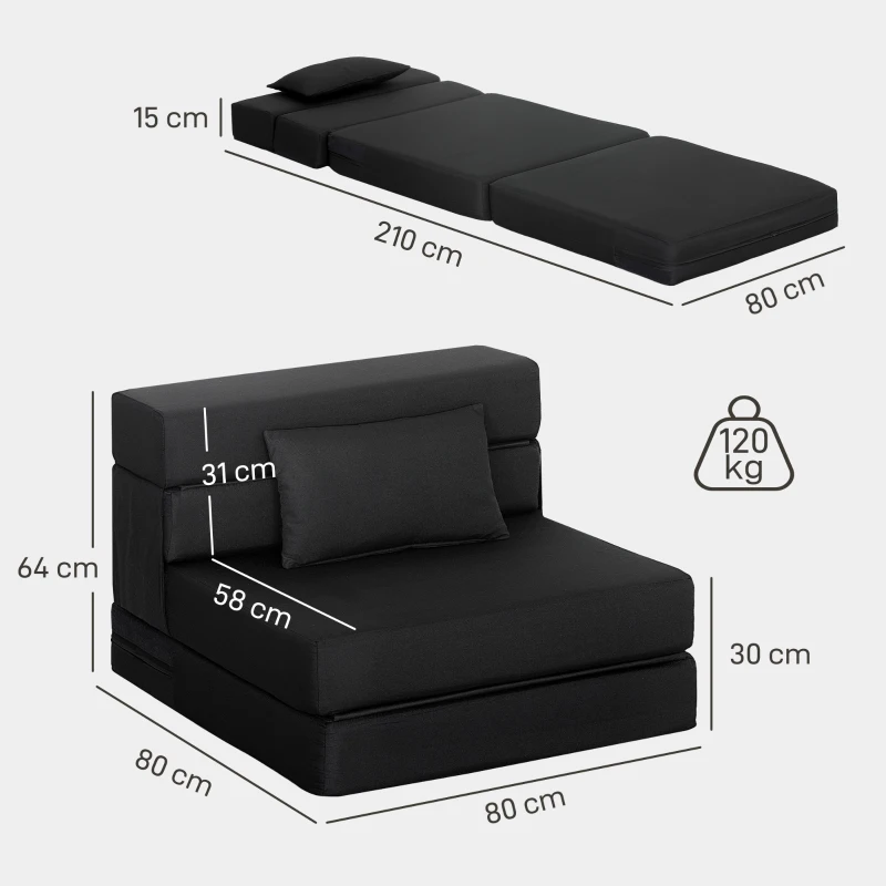 HOMCOM Fauteuil convertible 1 place fauteuil lit pliant, coussin inclus, pour invités, salon, petit espace, charge 120 kg, noir