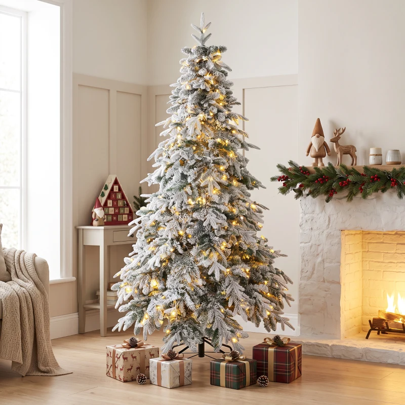 HOMCOM Sapin de Noël Artificiel 180 cm Arbre de Noël Lumineux Enneigé, Branches Articulées, Lumière 350 LEDs, Vert et Blanc