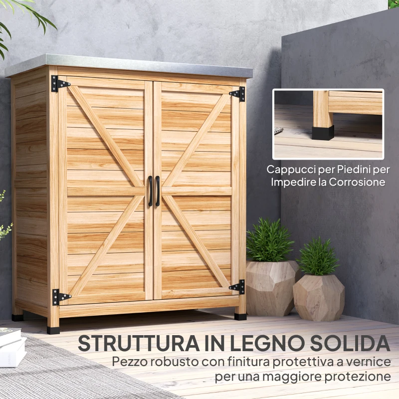Outsunny Armadio da Esterno con Ripiano Interno e Banco da Lavoro, in Legno e Acciaio Zincato, 79x43x92 cm, color Legno