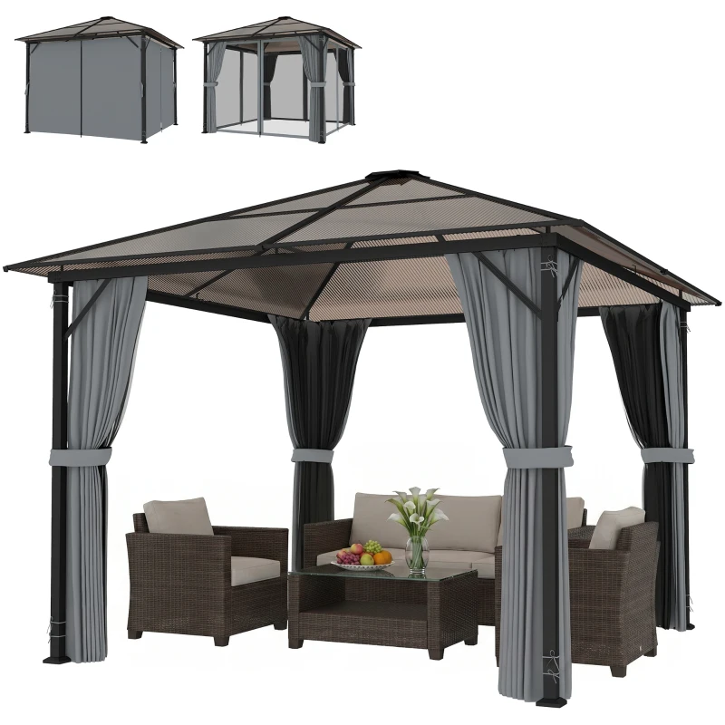 Outsunny Pavilion exterior 3x3 m cu acoperiș rigid, gri închis