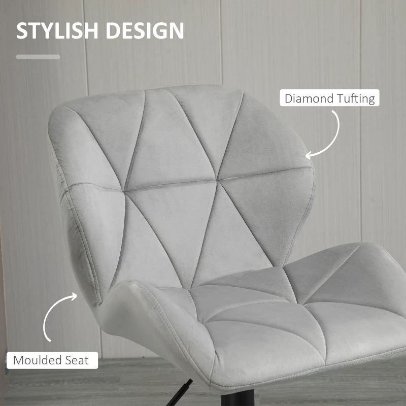 HOMCOM Bar Stools Set Of 2, Luxurious Velvet-Touch Barstools with Metal Frame Footrest Round Base Triangle Indenting Moulded Seat Adjustable Height Swivel Light Grey
