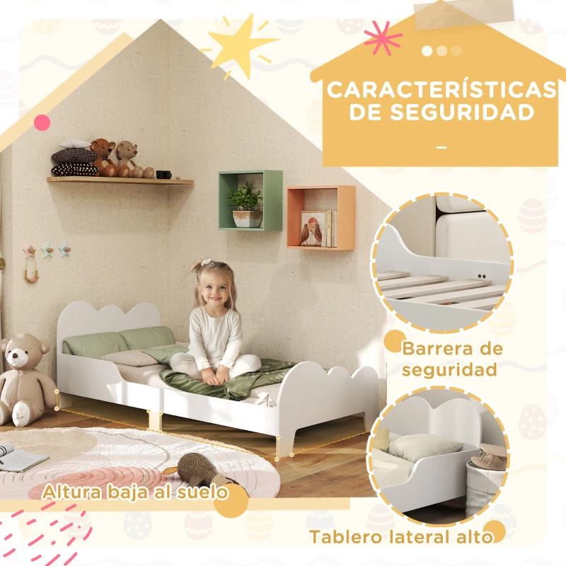 AIYAPLAY Cama para Niños de +3 Años 140x70 cm Tema de Nubes Estructura de Cama infantil con Barandilla Carga 80 kg Blanco