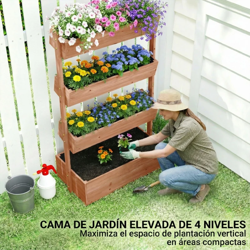 Outsunny Jardinera de Madera de 4 Niveles Jardinera Elevada Exterior con Orificios de Drenaje Tela no Tejida Marrón