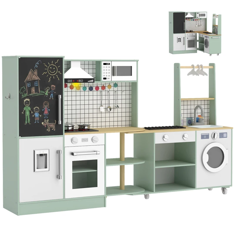 AIYAPLAY Cuisine Enfant Jouet d'Imitation, Micro-Ondes, Four, Plateau Rotatif sur Roulettes, 160x32x97,5cm, Vert Clair