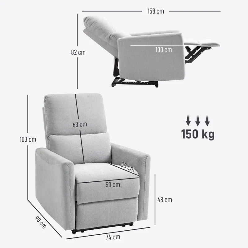 HOMCOM Fauteuil inclinable fauteuil relax manuel dossier et repose-pieds réglables, assise rembourré, tissu en lin, gris