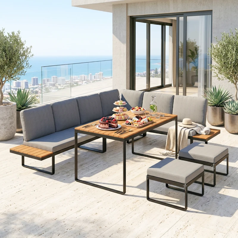 Outsunny Patio Furniture Set Modular Garden Sofa Set 6 Pieces with Dining Table for Outdoor Patio Grey