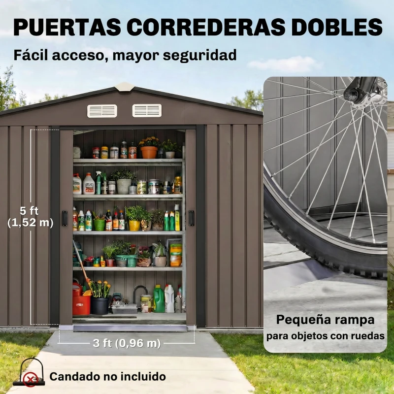 Outsunny Cobertizo de Jardín 4,9 m² 277x195x192 cm con 2 Puertas Corredizas Techo Inclinado y 4 Ventanas Marrón