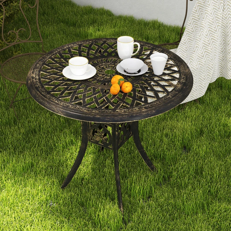 Outsunny 78 cm Round Garden Dining Table with Parasol Hole Antique Cast Aluminium Outdoor Table Only, Bronze Tone