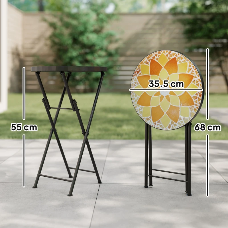 Outsunny Mosaic Outdoor Garden Table, 35.5cm Round Folding Coffee Table with Metal Frame for Balcony Terrace, Yellow