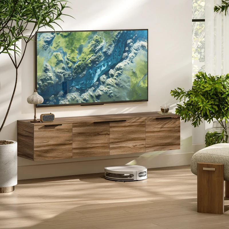 HOMCOM Meuble TV suspendu meuble télé pour téléviseur jusqu'à 65 pouces avec 3 placards à portes, 150 x 35 x 32 cm, marron