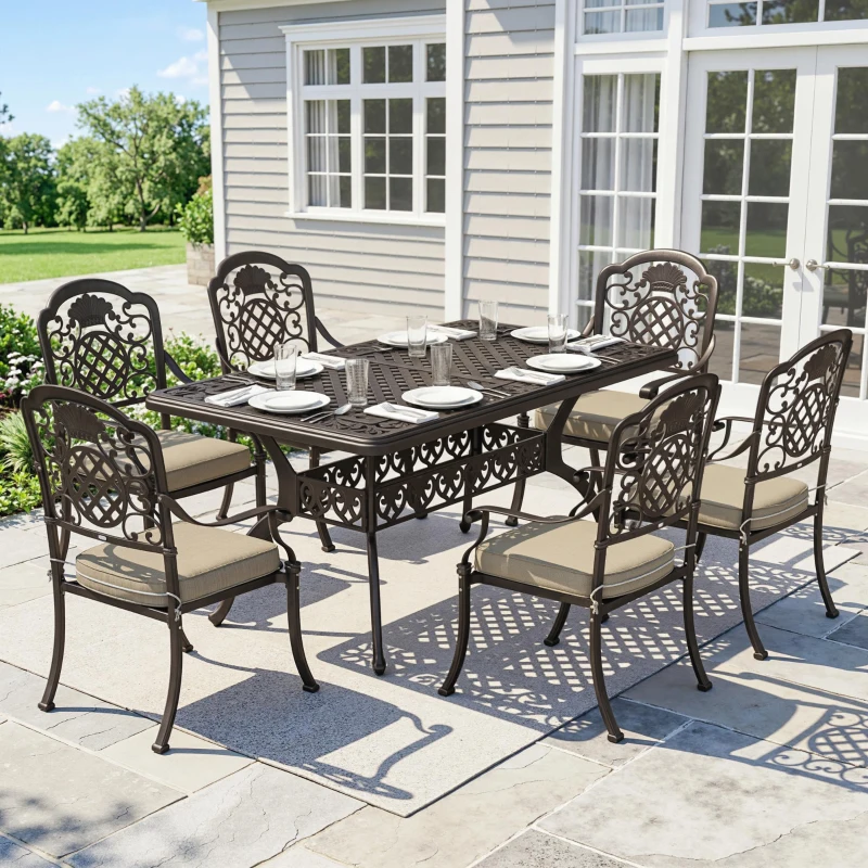 Outsunny Garden Dining Set for 6, Cast Aluminium Outdoor Table and Chairs Set with Cushions, Parasol Hole for Patio, Bronze Tone