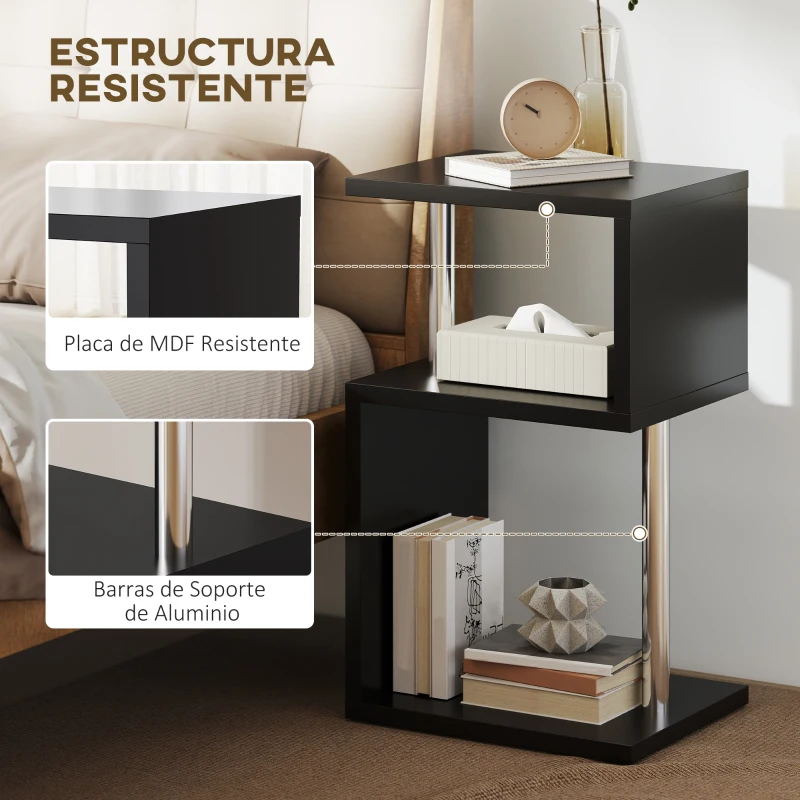 HOMCOM Mesa Auxiliar con Luz LED de 3 Niveles con Estantes y Estructura de Aluminio para Salón Dormitorio 44x38x75 cm Negro