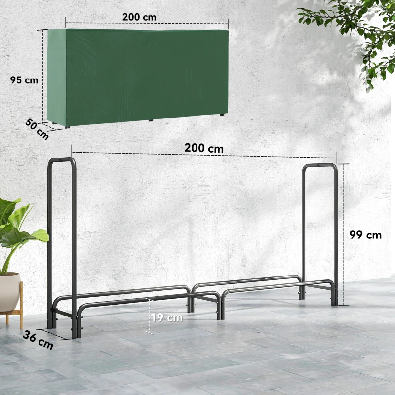 Outsunny Range buches extérieur, abri buches, avec housse en PE, base surélevée, pour extérieur, 200 x 36 x 99 cm, métal, noir