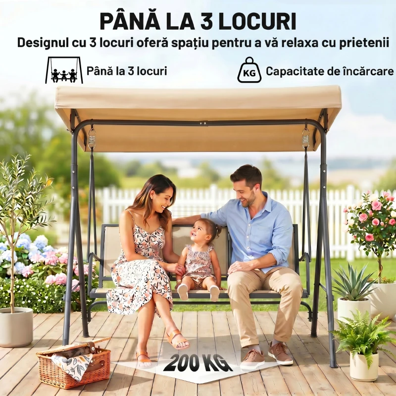 Outsunny Leagăn de grădină cu 3 locuri, copertină, șezut respirabil și cadru din oțel, bej