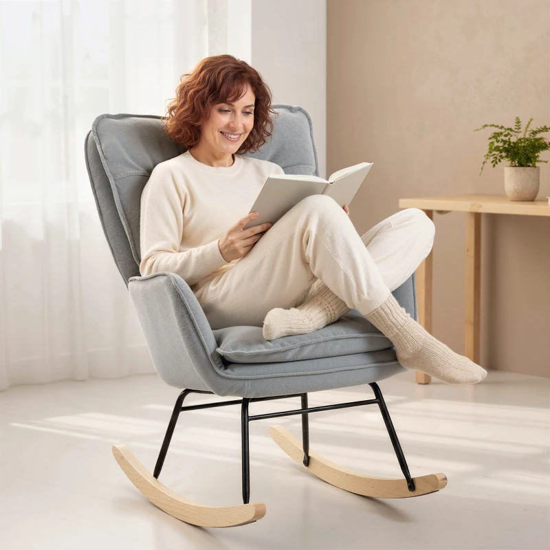 HOMCOM Silla Mecedora con Patas de Madera de Haya y Reposabrazos Mecedora para Lactancia Carga 120 kg para Dormitorio Gris
