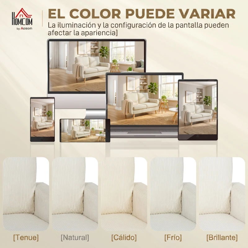 HOMCOM Sofá de 2 Plazas de Pana 134 cm con Patas de Madera Respaldo Grueso Sofá Moderno para Salón Dormitorio Crema