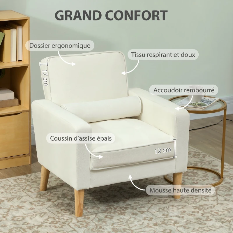HOMCOM Fauteuil de salon en velours, canapé 1 place rembourré avec assise large, pour chambre, salon, petit espace, crème