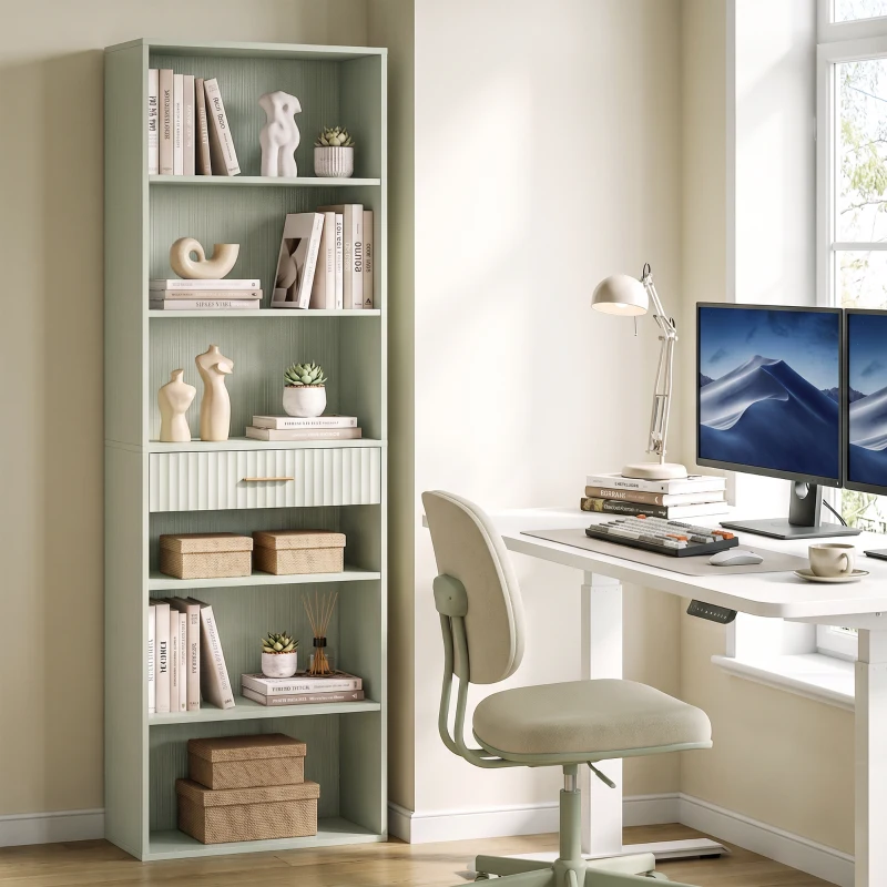 HOMCOM Bookcase Narrow Tall Space-Saving Bookshelf Drawer Open Shelves 60 x 24 x 182 cm Light Green
