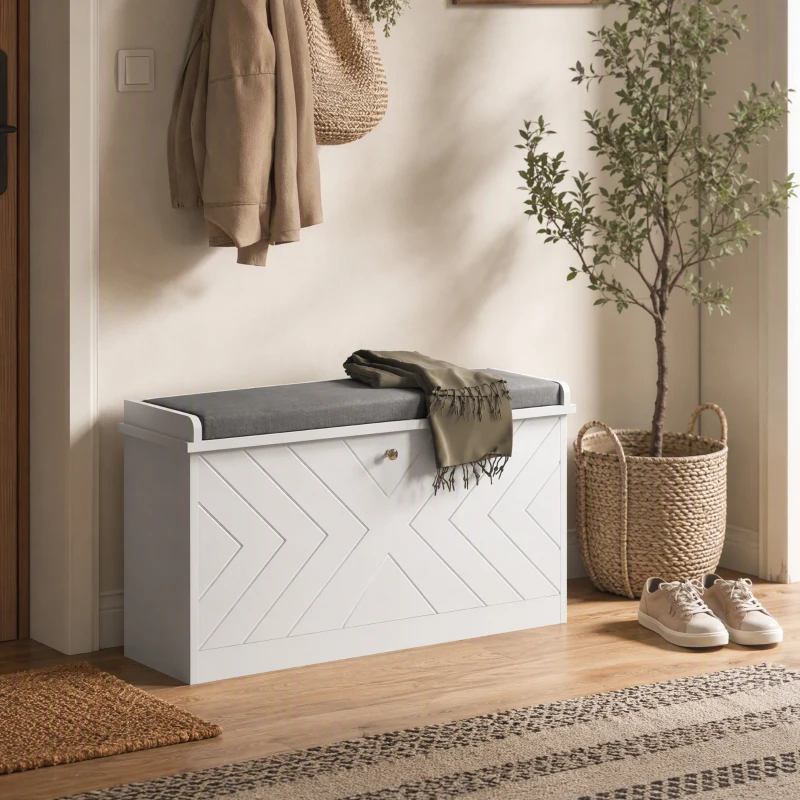 HOMCOM Mueble Zapatero con Banco con Estantes Ajustables y Cojín Acolchado para 8 Pares de Zapatos 80x26x48 cm Blanco
