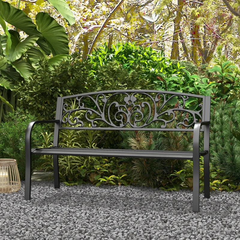 Outsunny Panchina da Giardino in Metallo con Schienale Decorato, 127x60x87cm - Nero