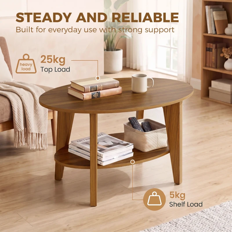 HOMCOM Table Basse Ovale à 2 Niveaux, Table de Salon Moderne avec Étagère Inférieure Ouverte, 80 x 50 x 45 cm, Chêne