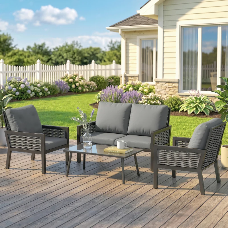 Outsunny 4 Seater Rattan Garden Furniture Set with 2 Armchairs, Loveseat, Coffee Table, Garden Sofa Set with Cushions, Dark Grey