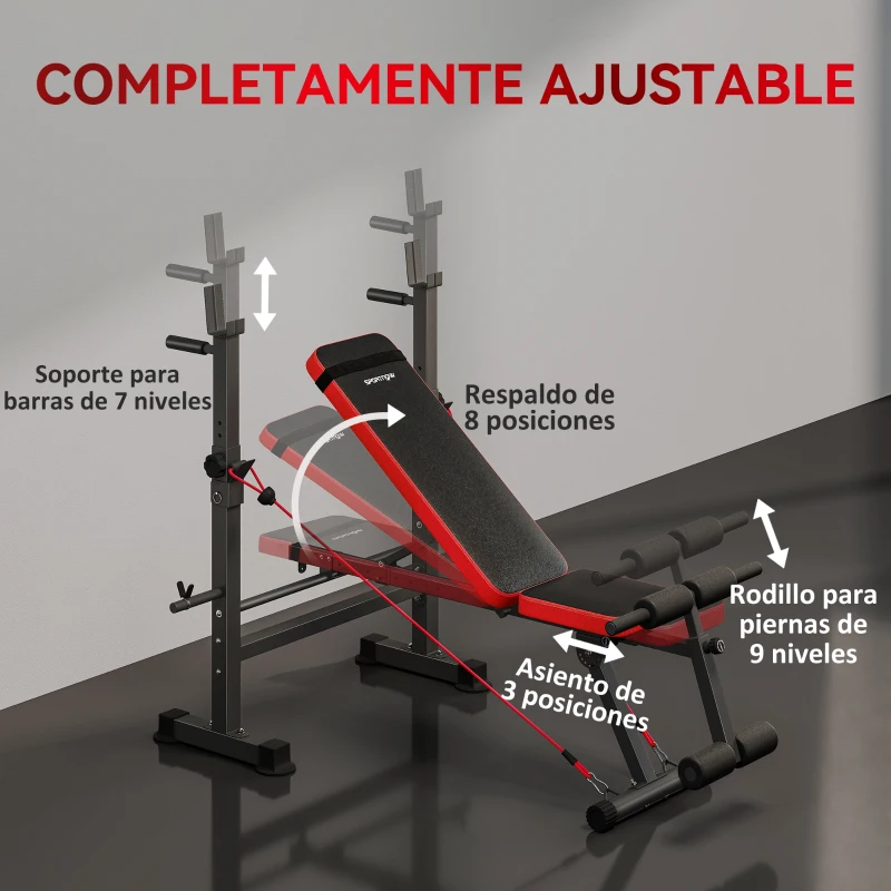 SPORTNOW Banco de Musculación Multifuncional con Soporte para Barra Ajustable y Respaldo Regulable para Casa Gimnasio