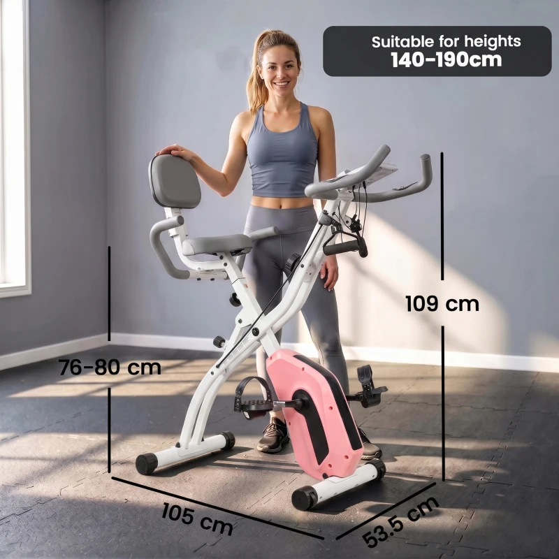 SPORTNOW 4-In-1 Folding Exercise Bike with Resistance Bands, Bluetooth App, 8-Level Magnetic Resistance, LCD Display, Pink